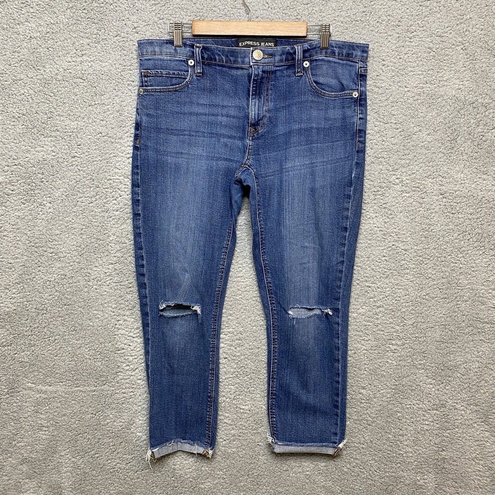 Express Girlfriend Jeans Women 12 Blue Denim Med Wash Ankle Crop Raw Hem